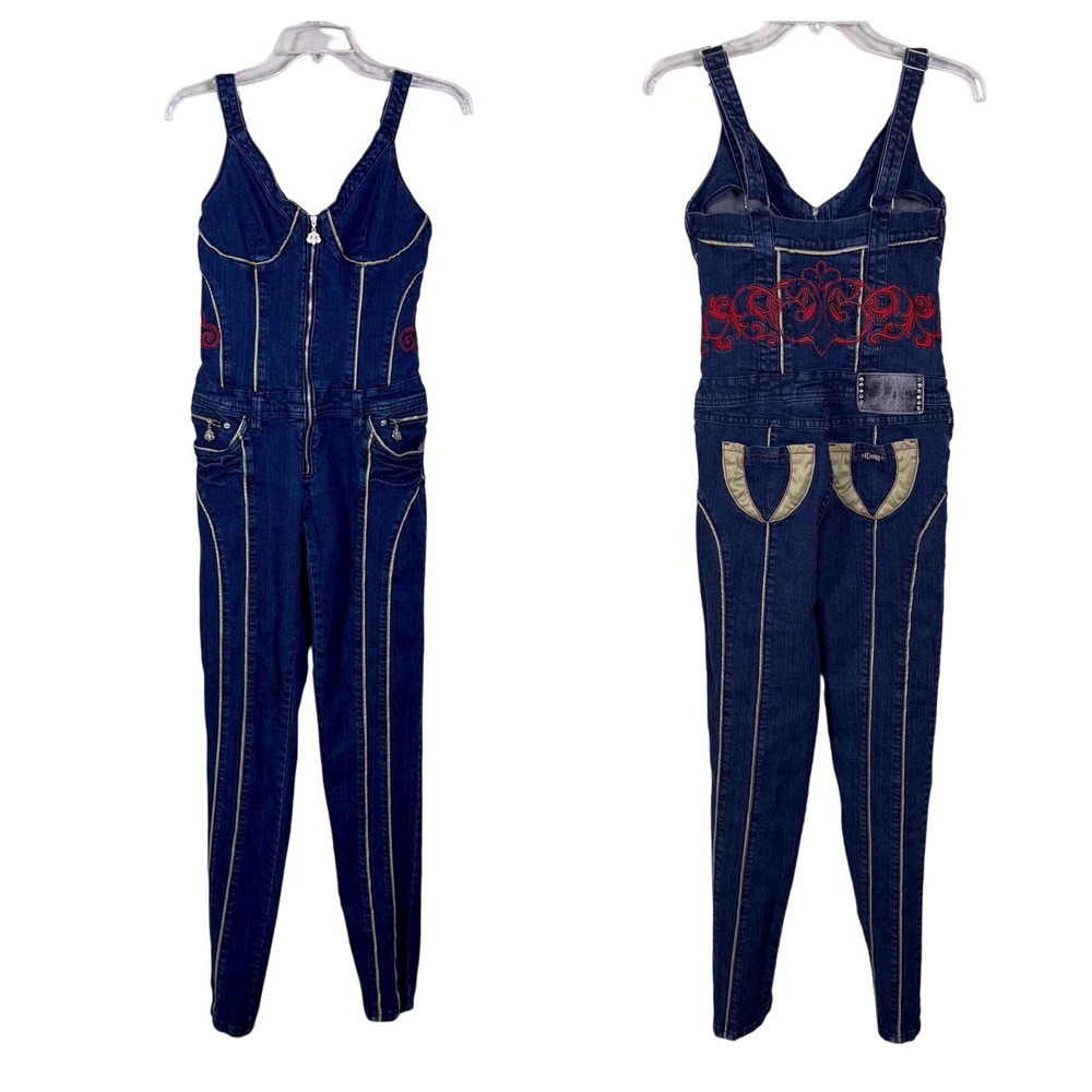 Derion Denim Jumpsuit M Zip Front Rhinestone Piping Embroidered Y2K‎ One Piece